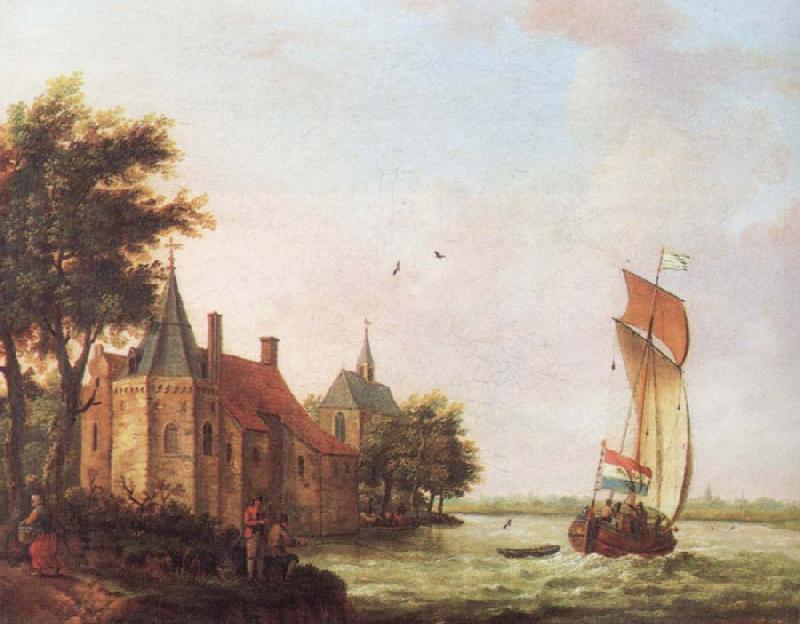 Francis Swaine A wooded river landscape in Hoolland with a Dutch hooder under sail in a brisk wind oil painting picture